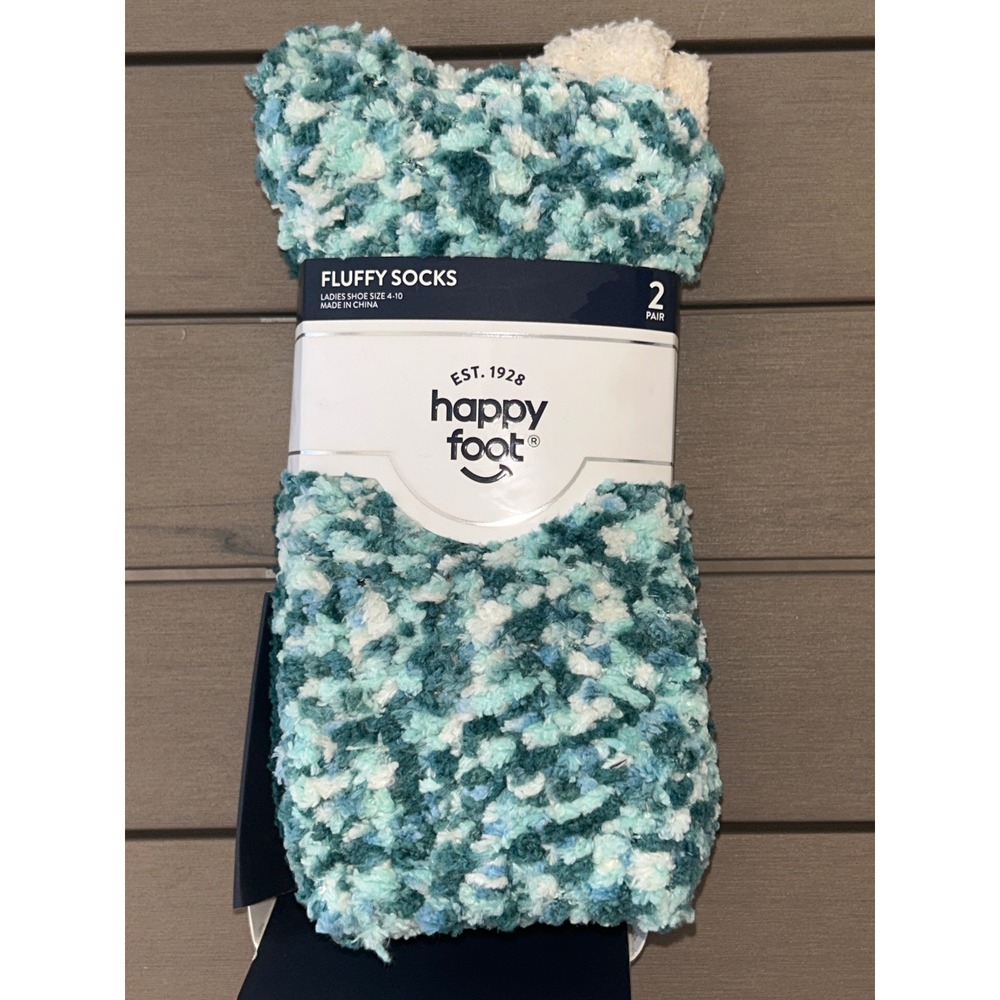 Happy Foot Fluffy Socks 2 Pair Ladies Shoe Size 4-10 Green White Cozy Fabric